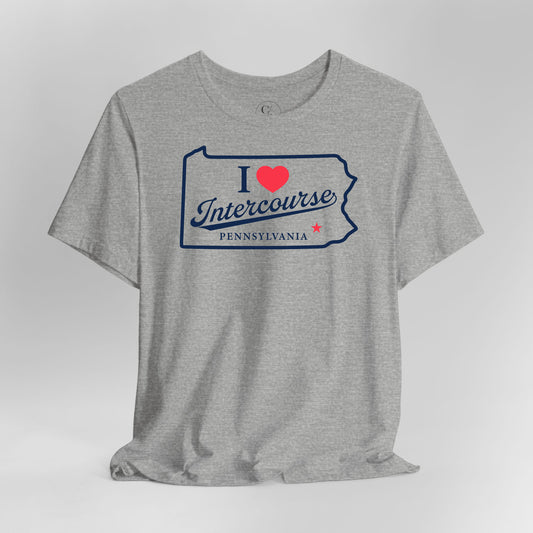 Gray t-shirt with 'I ❤️ Intercourse Pennsylvania' design on a light gray background