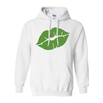 White hoodie with green leaf design on a white background